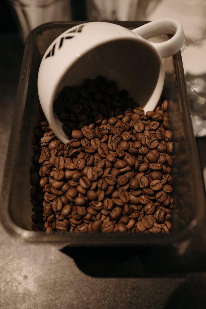 brown coffee beans on stainless steel tray