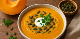 Tekvicová polievka. V našej verzii sme tekvicu spojili s červenou šošovicou, ktorá polievke dodá bielkoviny, vlákninu a extra sýtosť.